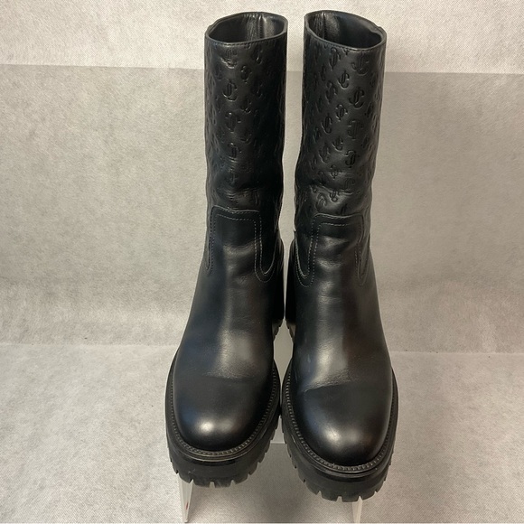 Jimmy Choo Monogram Embossed Leather Wedge Boots- Black- Barely Worn- Size 37.5 - Picture 3 of 14